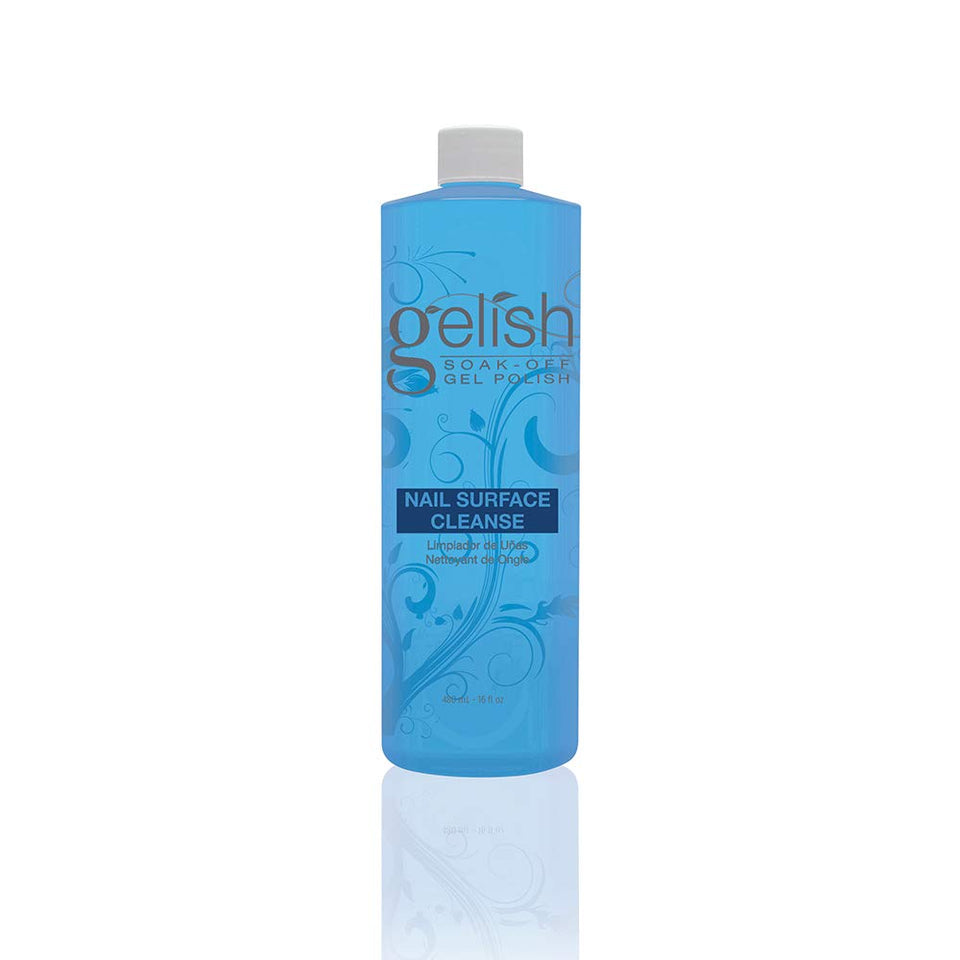Gelish Nail Surface Cleanse bottle close-up supports a smooth, high-shine gel manicure.