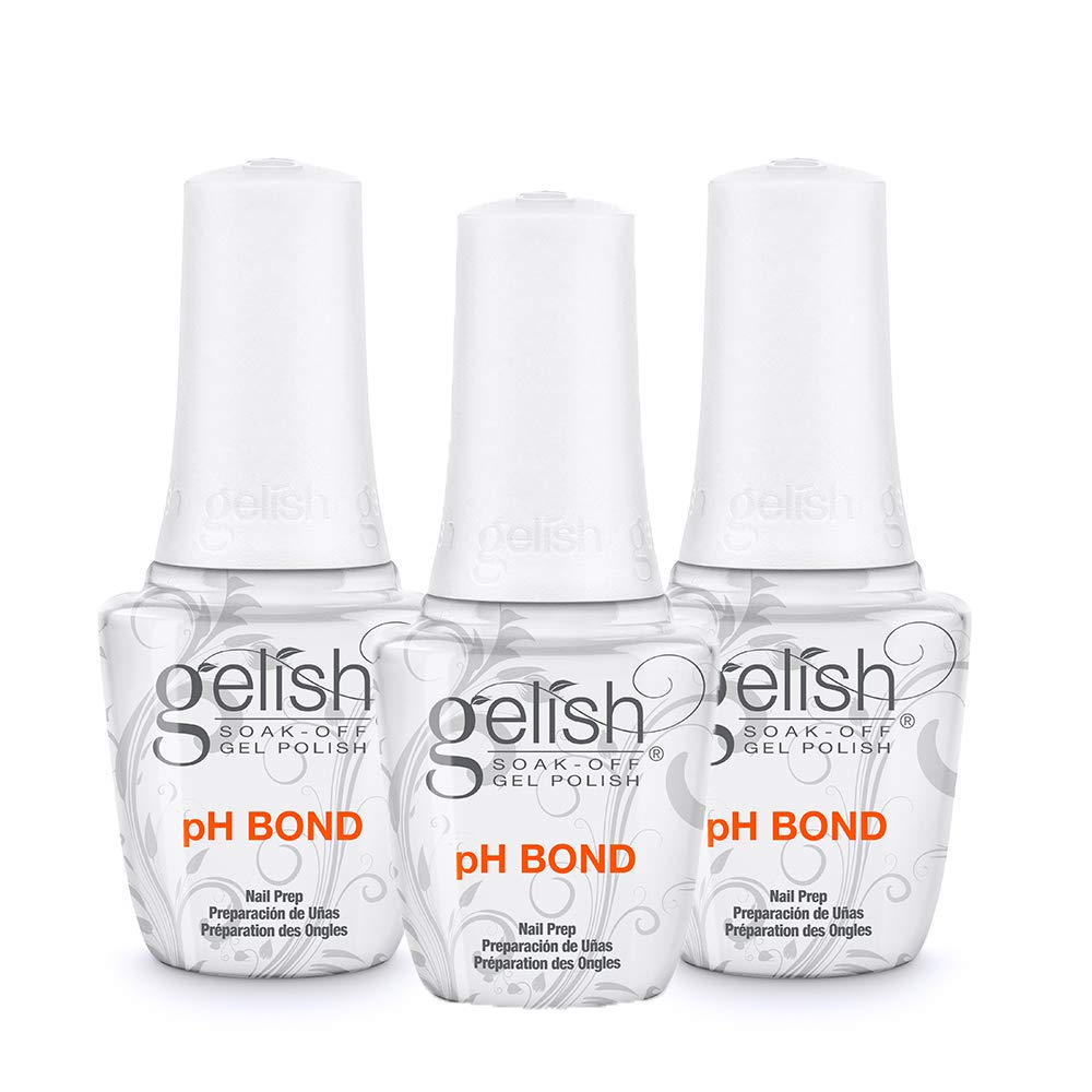 Gelish pH Bond bottle pour showing quick-drying nail prep for better adhesion.