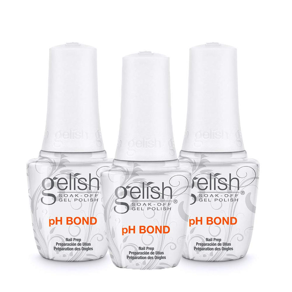 Gelish pH Bond bottle pour showing quick-drying nail prep for better adhesion.