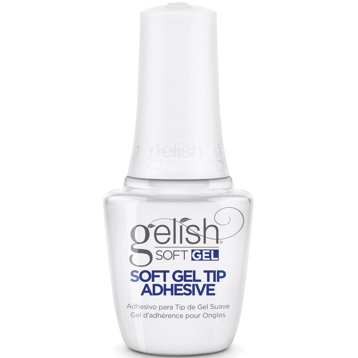 Gelish Soft Gel Tip Adhesive bottle shown for bubble-free adhesion and precise application.