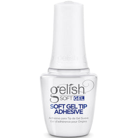 Gelish Soft Gel Tip Adhesive bottle shown for bubble-free adhesion and precise application.