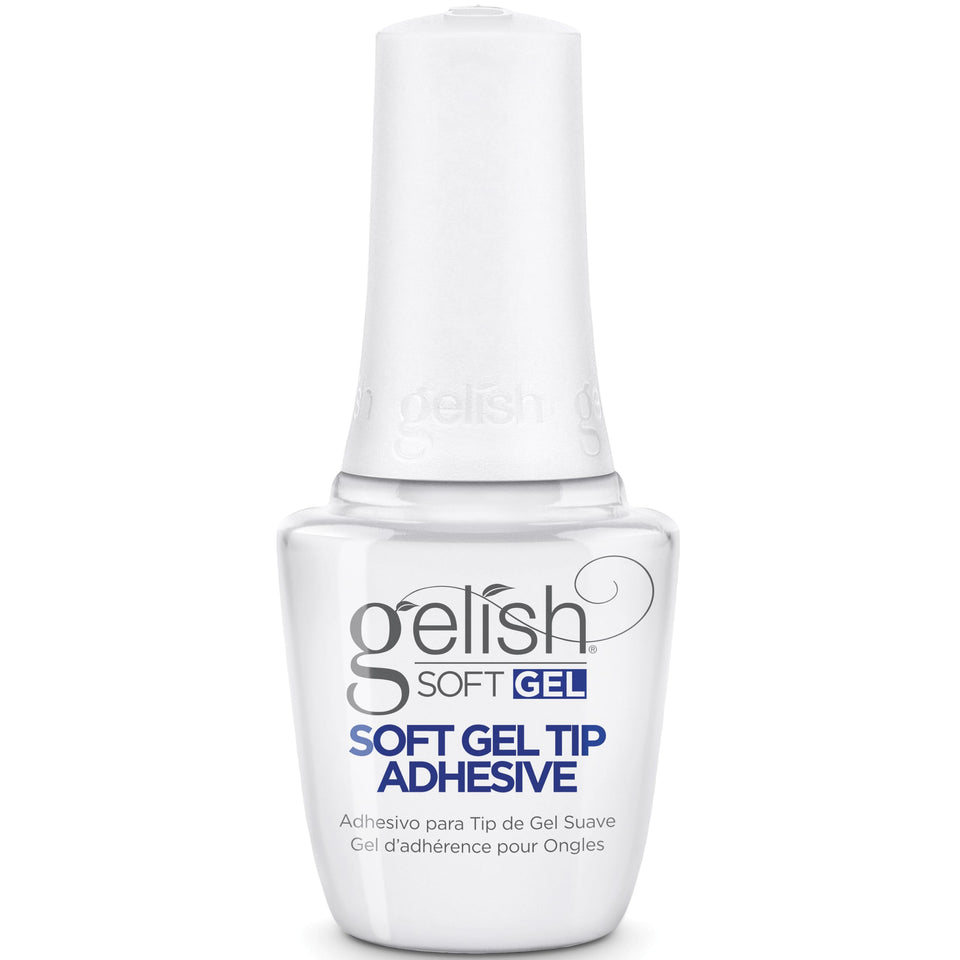 Gelish Soft Gel Tip Adhesive bottle shown for bubble-free adhesion and precise application.