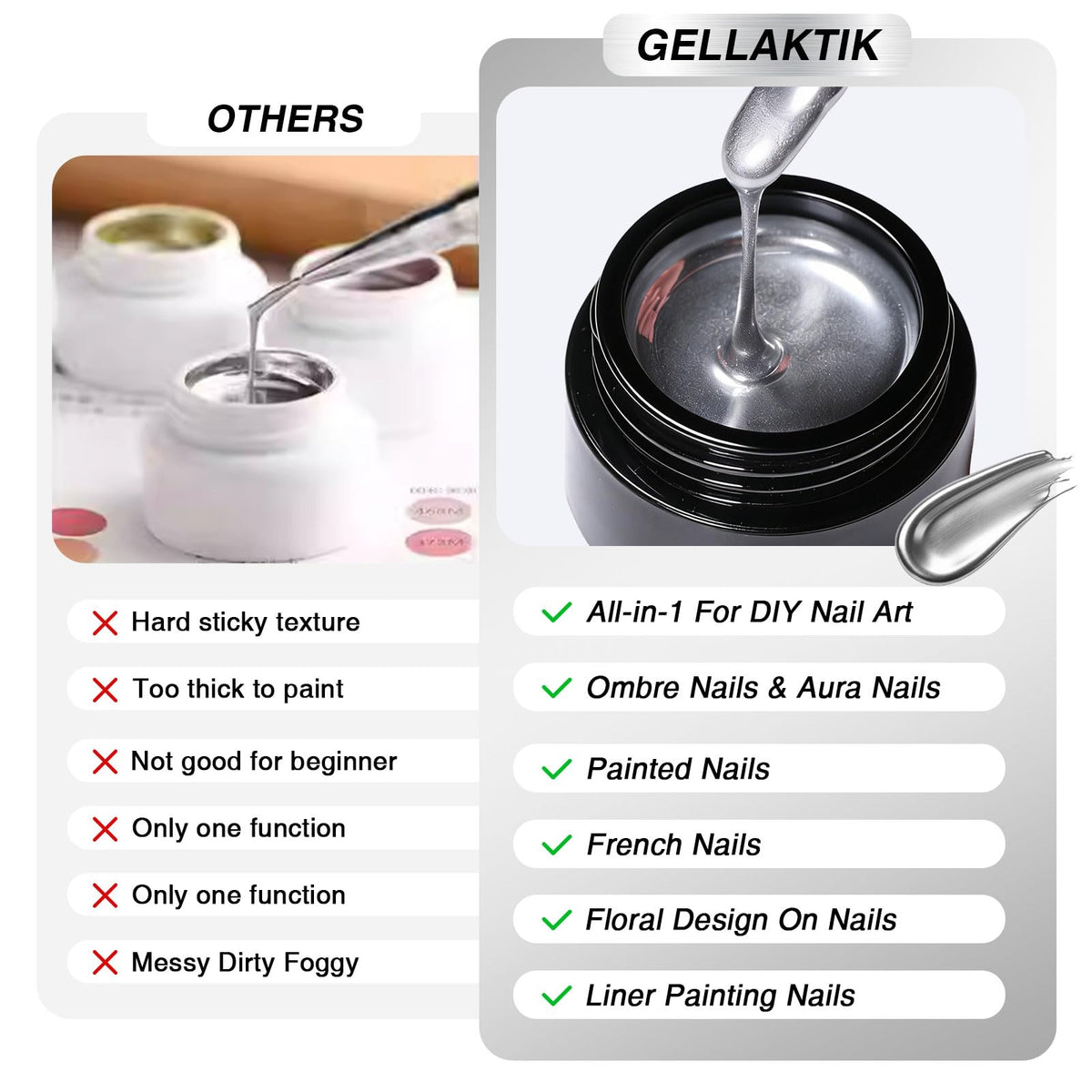 GELLAKTIK mirror chrome polish bottles in silver and gold for dramatic shine.
