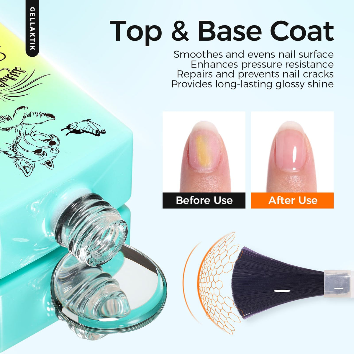 Gellaktik no-wipe top coat 18ml delivers a high-gloss, durable finish.
