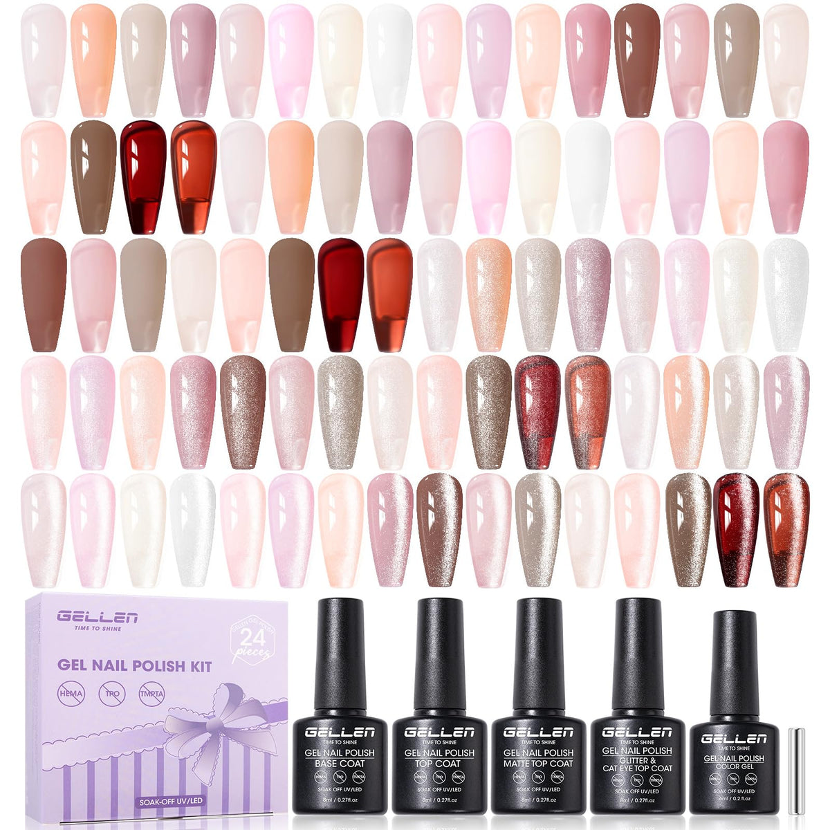 GELLEN nude gel polish set with base coat and top coats for professional-at-home manicures.