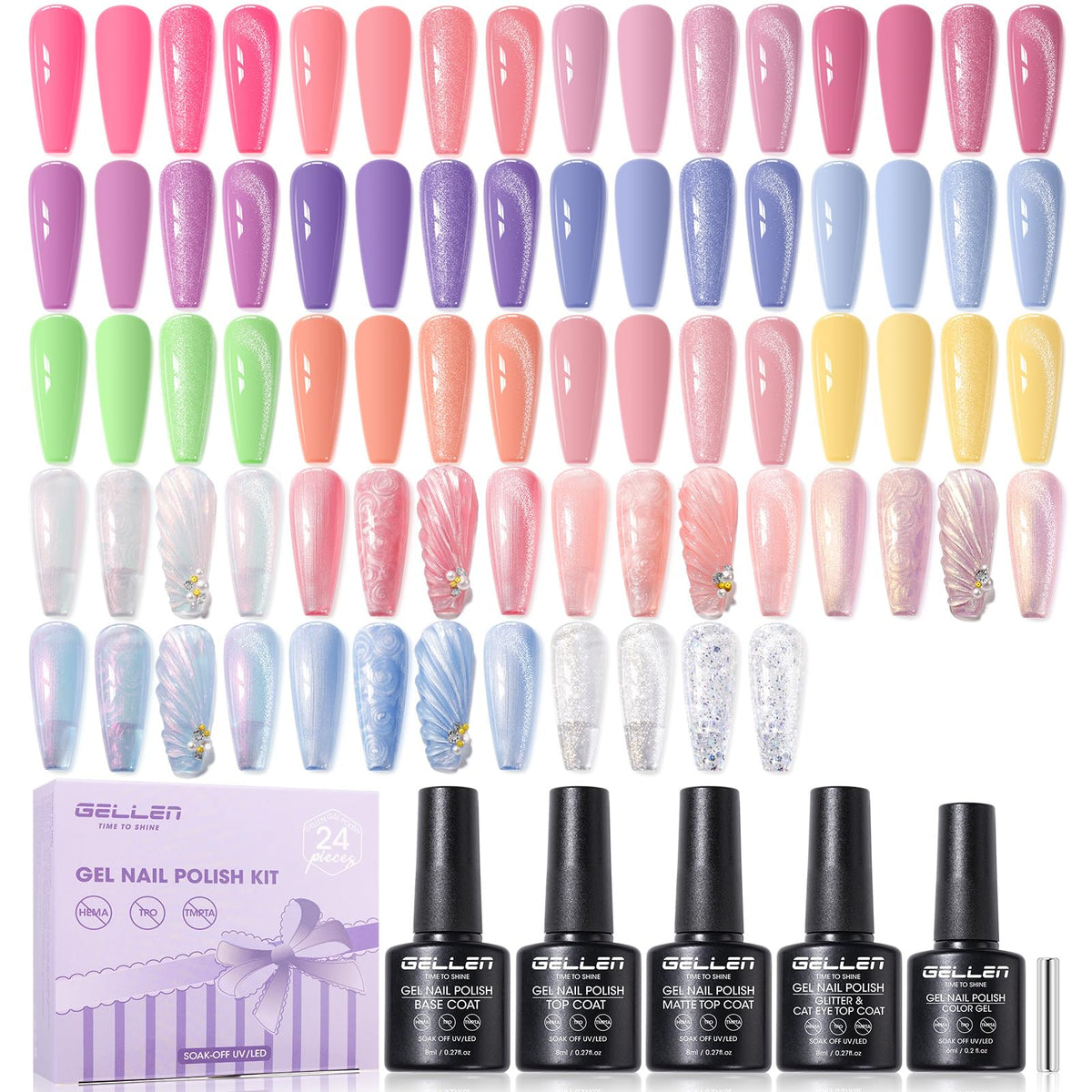 GELLEN pastel gel polish set colors swatches for smooth at home manicure.