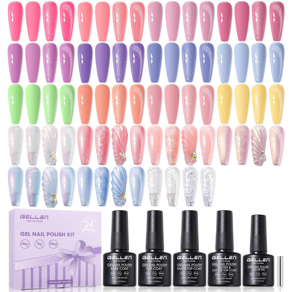 GELLEN pastel gel polish set colors swatches for smooth at home manicure.