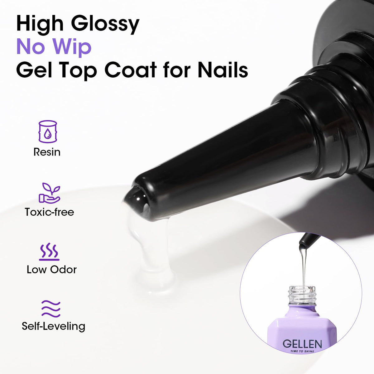 GELLEN top coat on natural nails providing durable shine.
