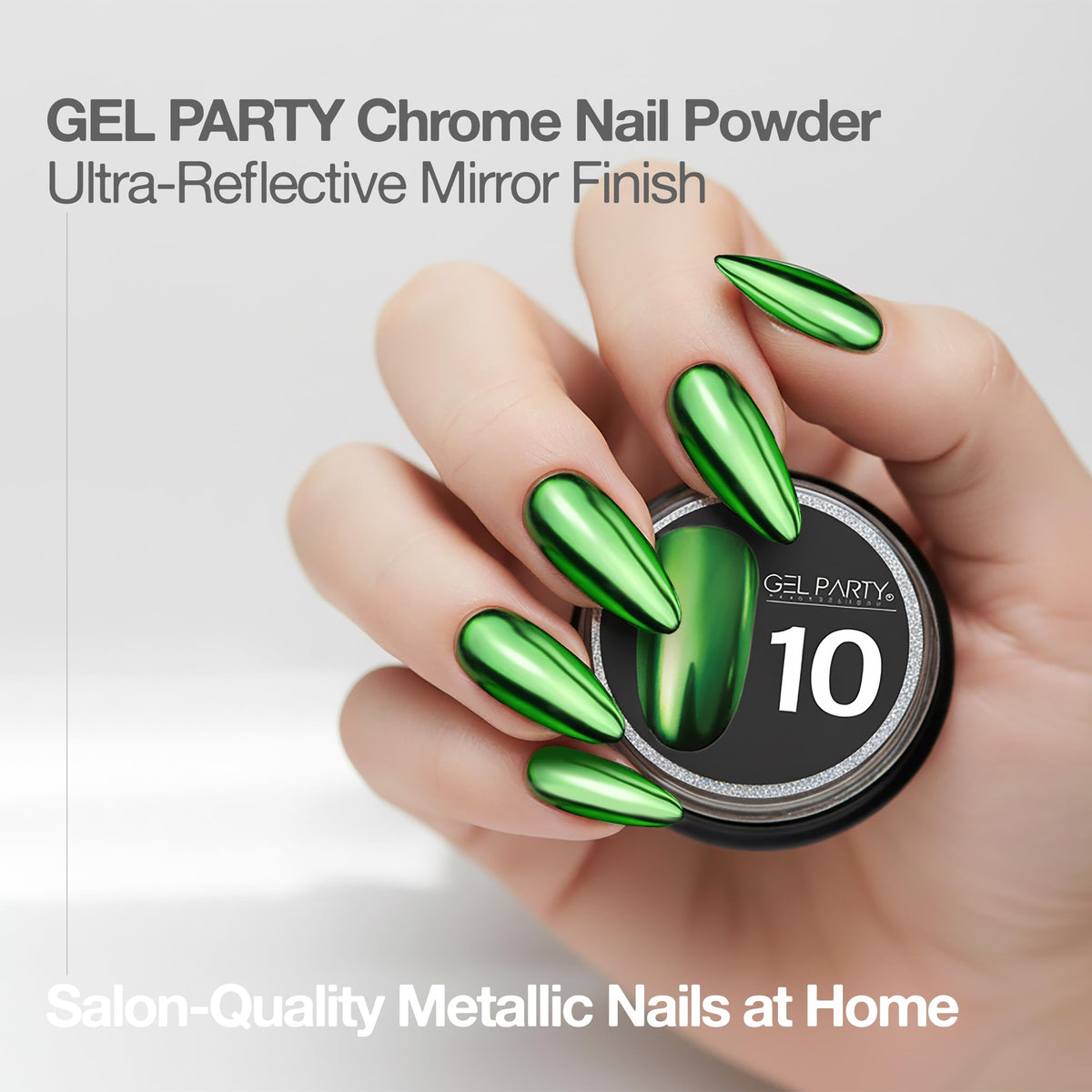 GEL PARTY metallic gold, silver, rose gold powders with a sleek chrome look on nails.