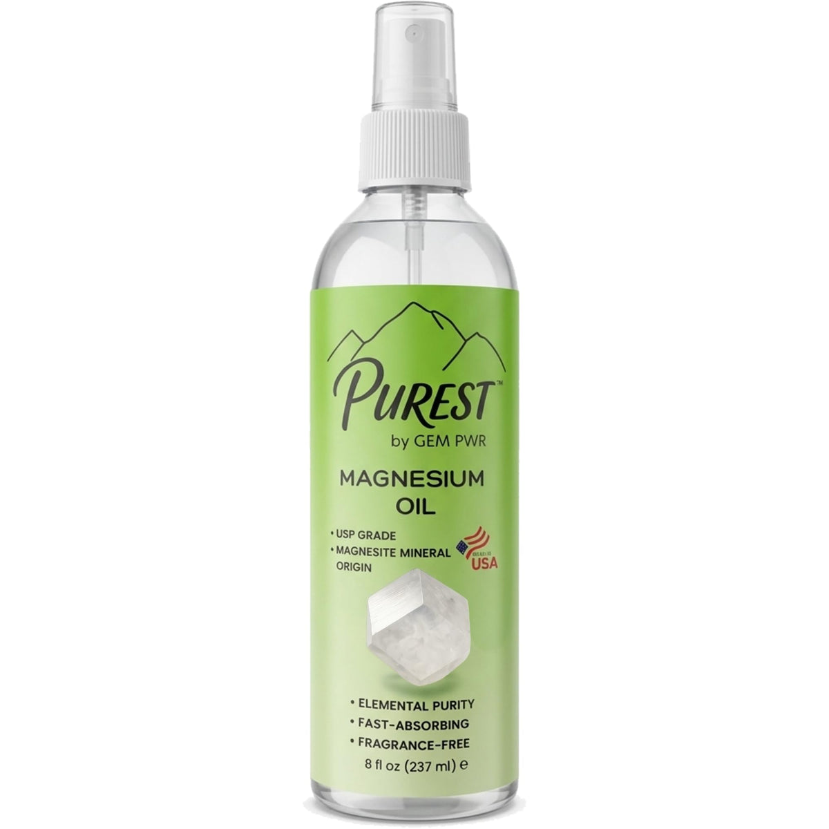 GEM PWR Purest Magnesium Oil Spray bottle 8 oz for daily, fragrance-free use.