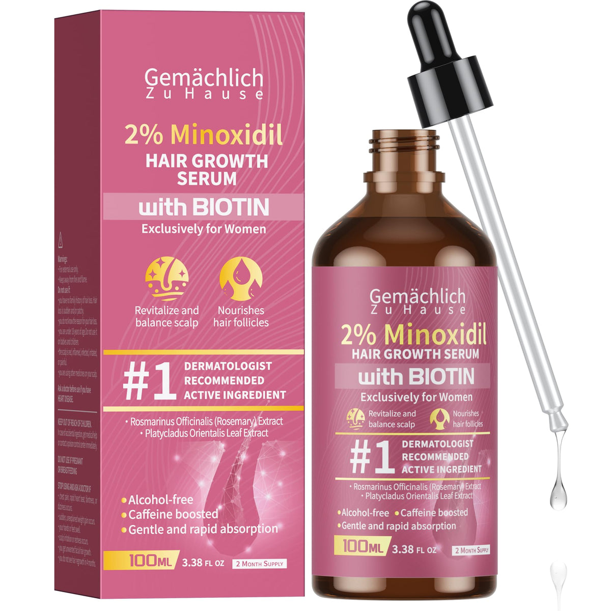 Gemächlich Zu Hause Minoxidil bottle with dropper for daily scalp treatment.