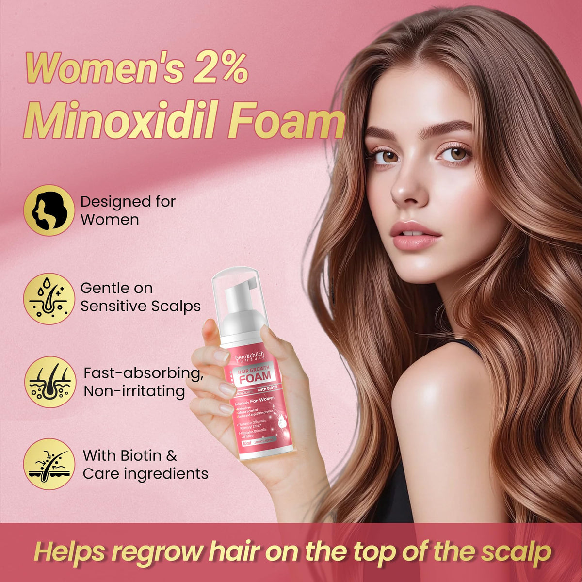 Gemächlich Zu Hause Minoxidil Foam application demonstrates quick-absorbing, residue-free use for sensitive scalps.