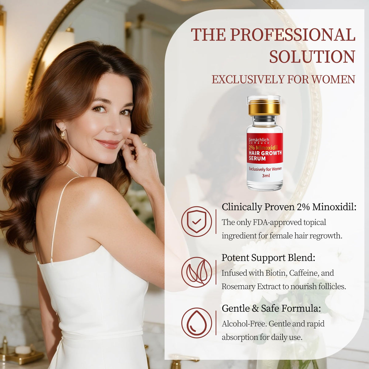 Gemächlich Zu Hause Minoxidil for Women application demonstrates easy scalp dropper use.