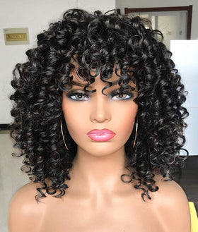 GEMBON Curly Afro Wig with Bangs shows voluminous kinky curls for daily wear.