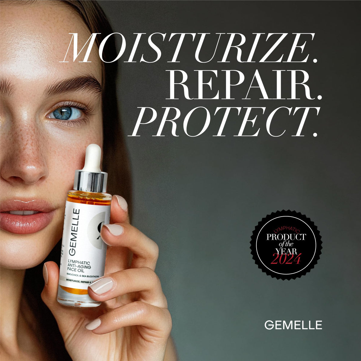 GEMELLE oil dropper image shows easy face application