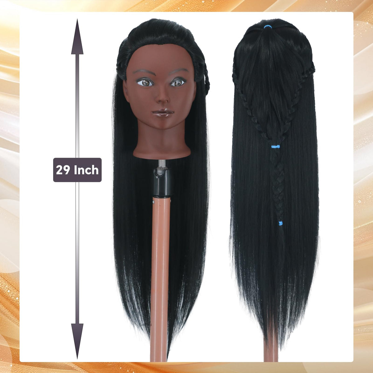 Gemiei clamp holder included to secure the head during braiding practice.