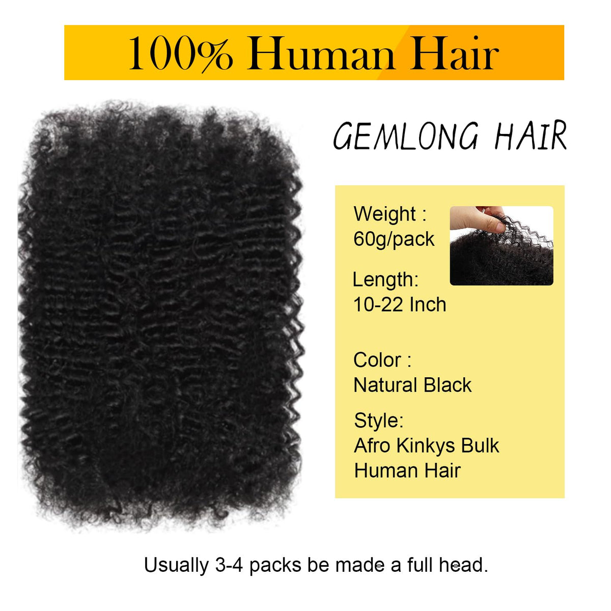 Close-up curl detail of Gemlong Afro Kinkys bulk hair for textured looks.