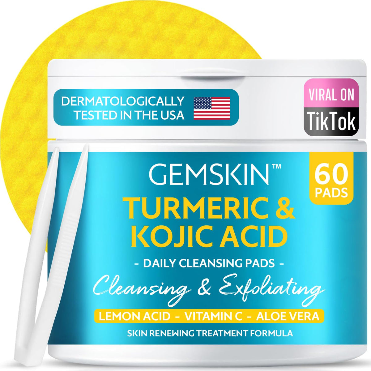 GEMSKIN turmeric kojic cleansing pads pack for daily exfoliation and cleansing.