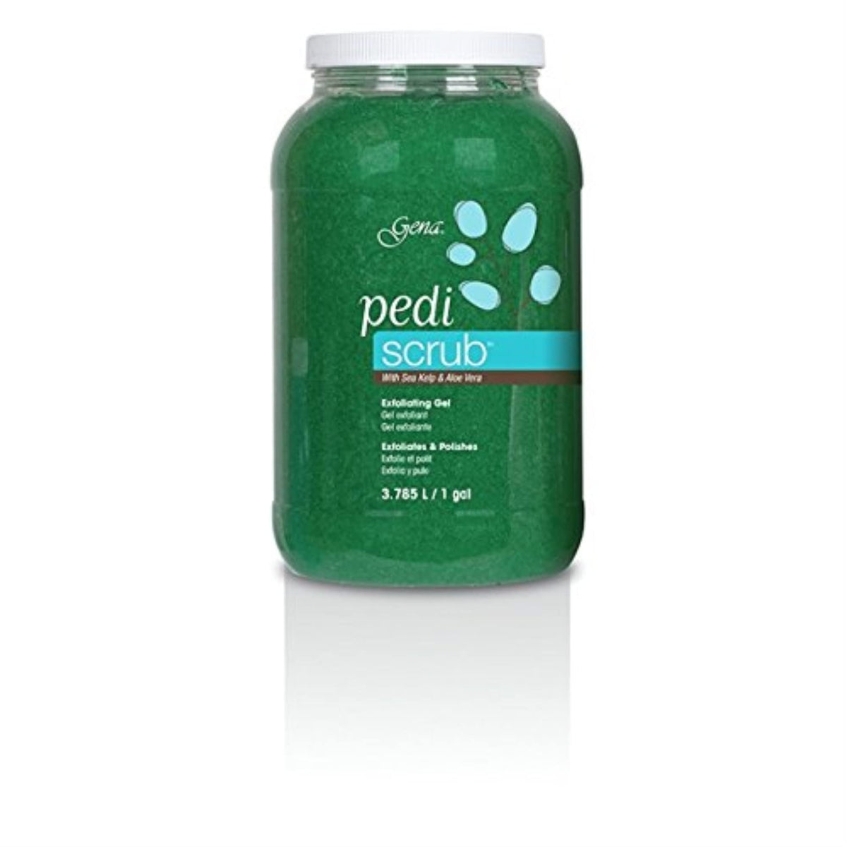 Gena Pedi Scrub Gel gallon bottle pour for at-home foot care and exfoliation.