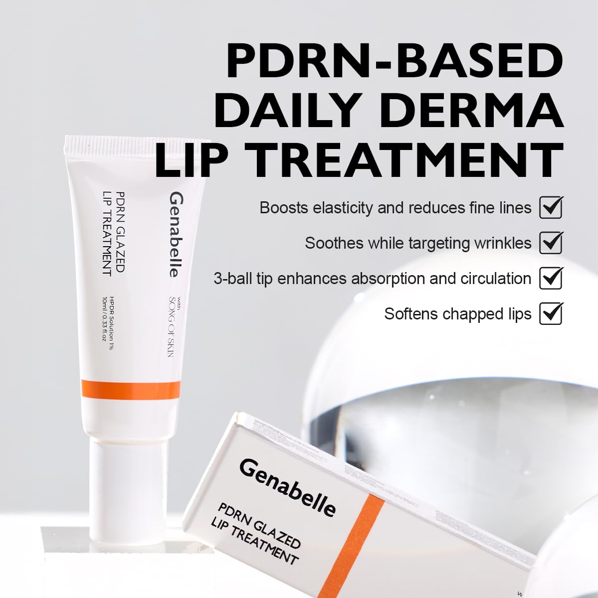 Genabelle PDRN Glazed Lip Treatment triple-metal applicator in use for soothing lip massage.