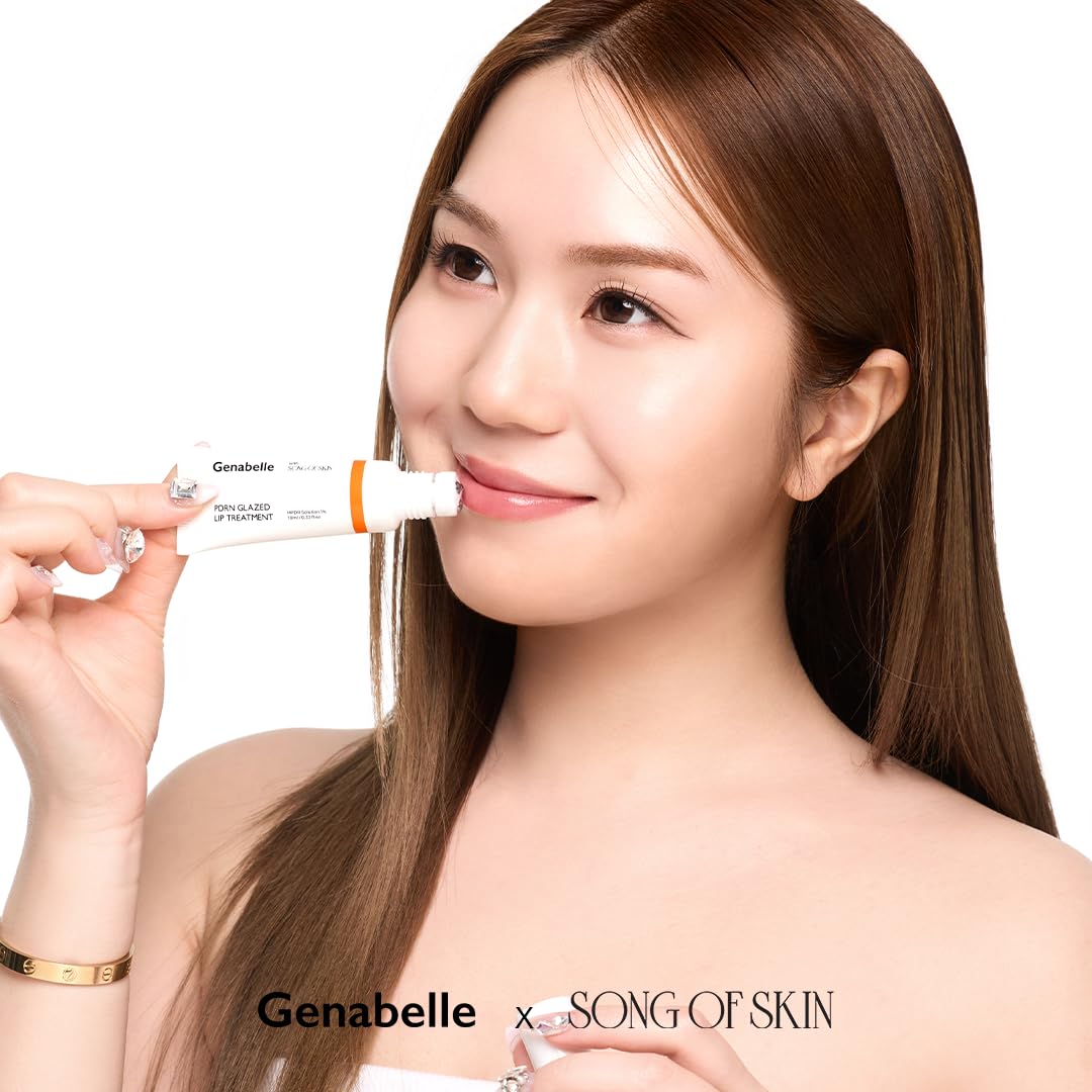Genabelle PDRN Glazed Lip Treatment on lips for a glossy, hydrated look after application.