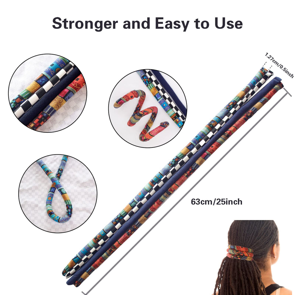 General bendable dreadlock hair band forming a bun or high ponytail.
