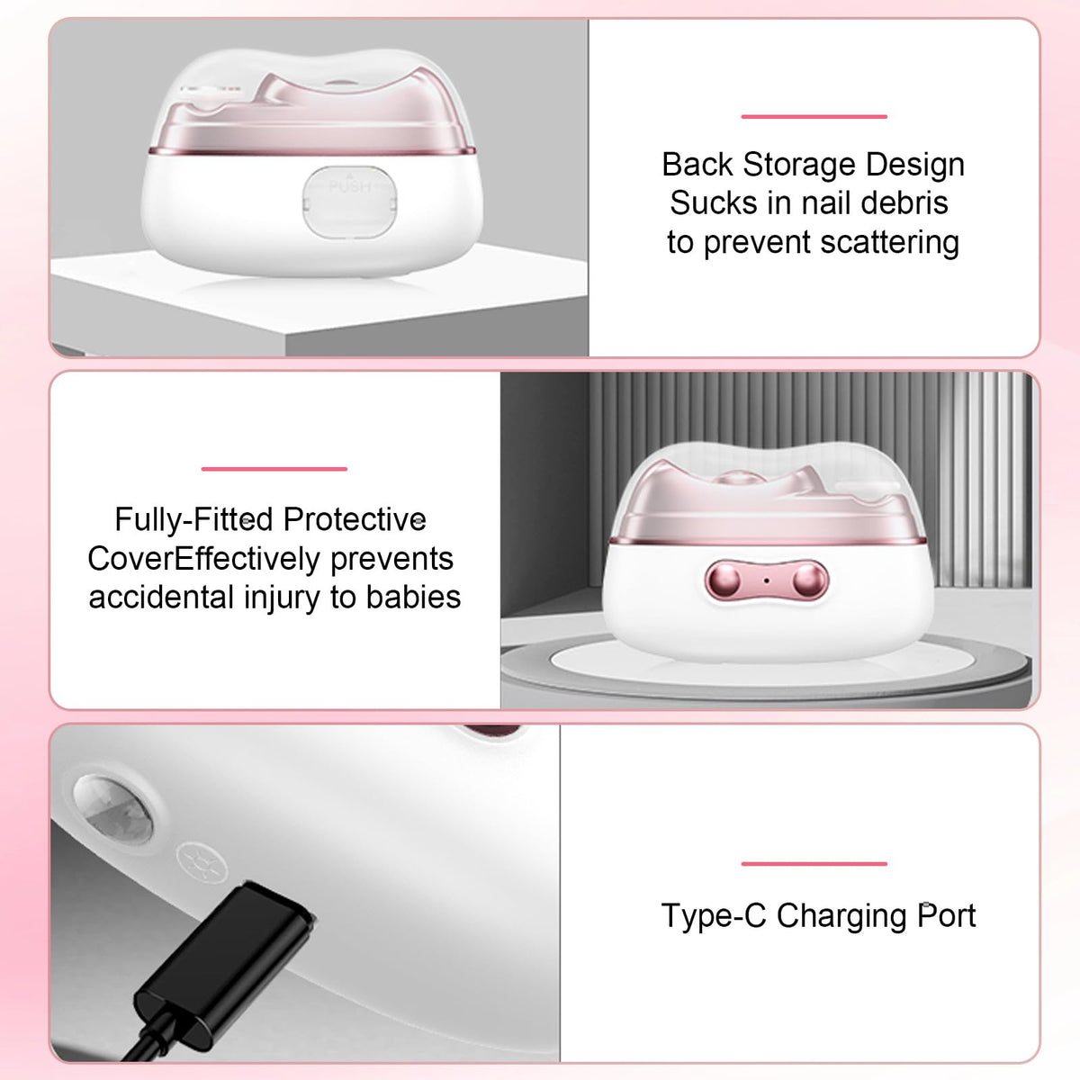 Generic 2026 Electric Nail Clipper top lid with debris storage in action.