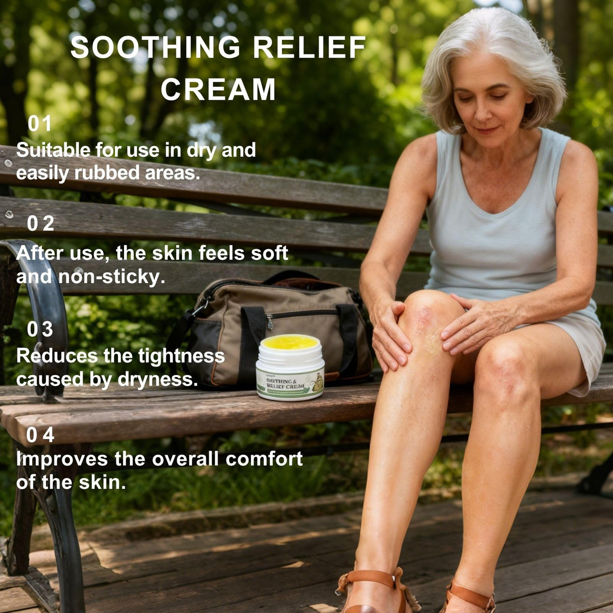 Generic Soothing Relief Cream applied to elbow demonstration of non-greasy hydration