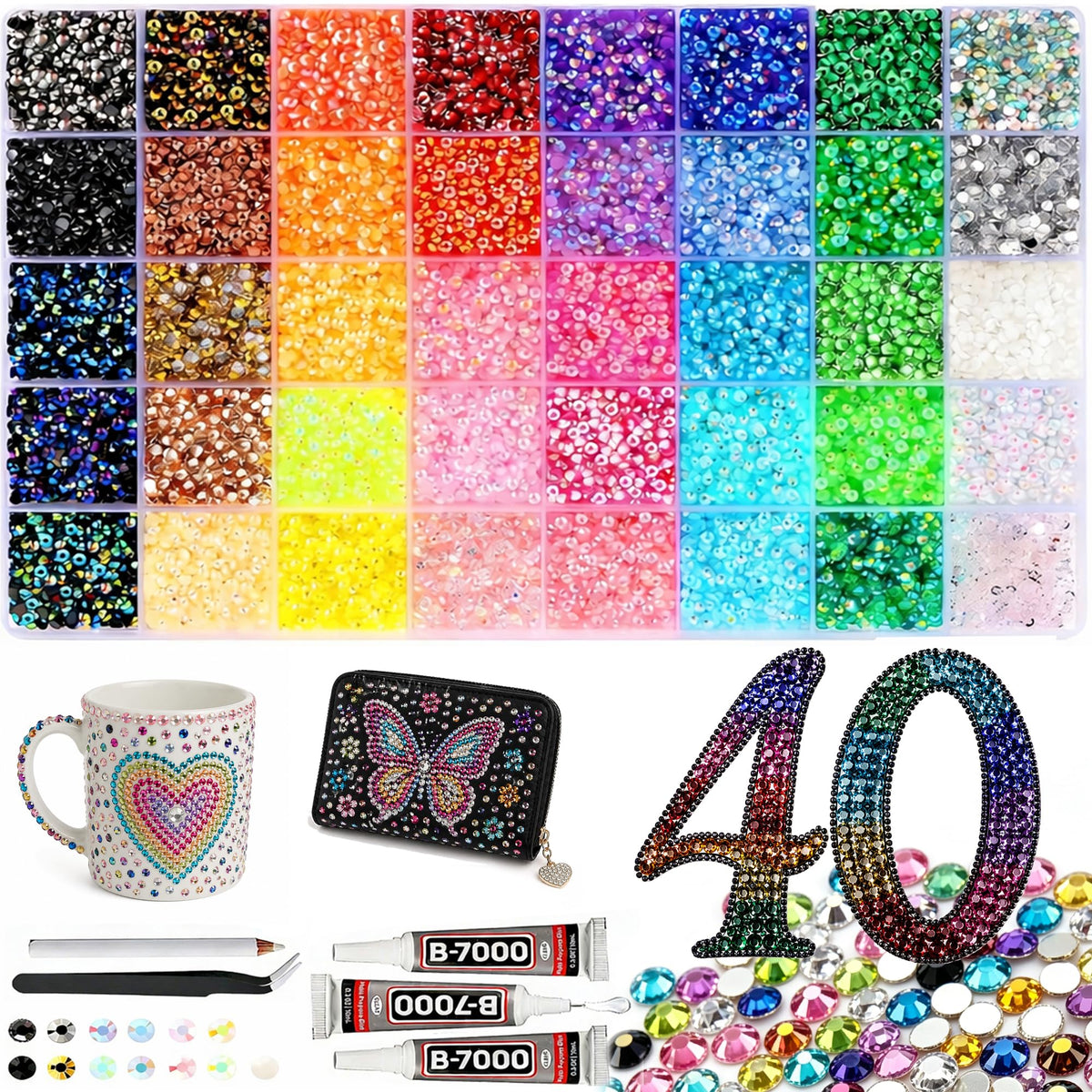 Generic bedazzling kit with 35000 rhinestones in 40 colors for DIY sparkle.