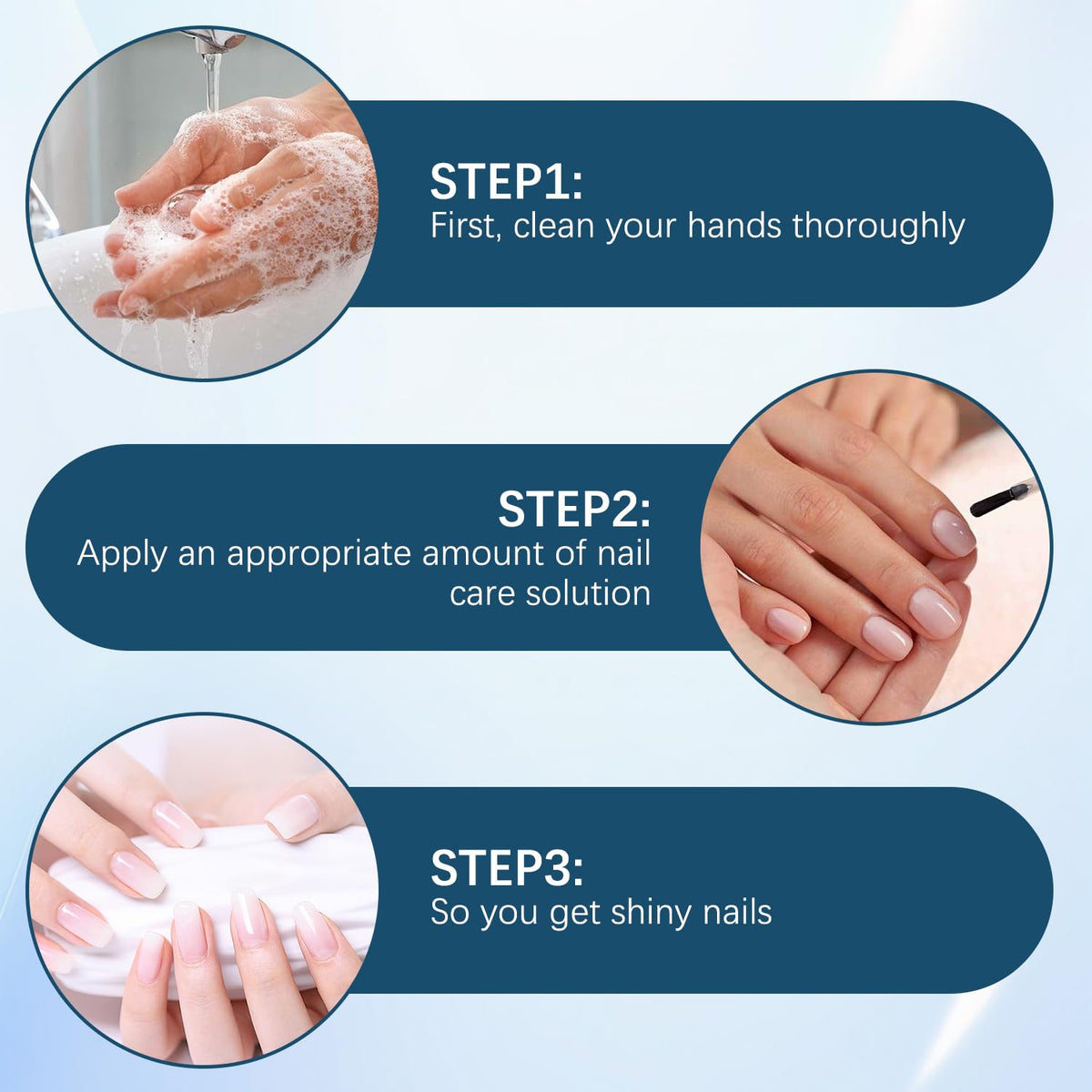 Nail care routine with bottle applied to nail surface for nourishment