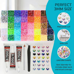 3mm rhinestones with glue included for precise decorating.