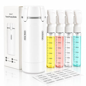 Generic 4 in 1 travel dispenser bottle front view highlighting compact TSA-ready design