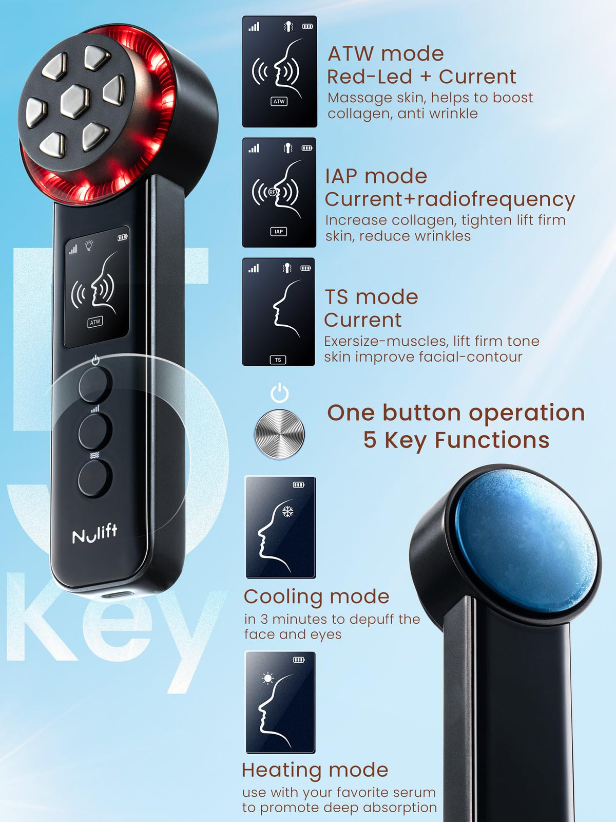 Generic 6-in-1 skincare device close-up of multifunction head for wrinkle reduction