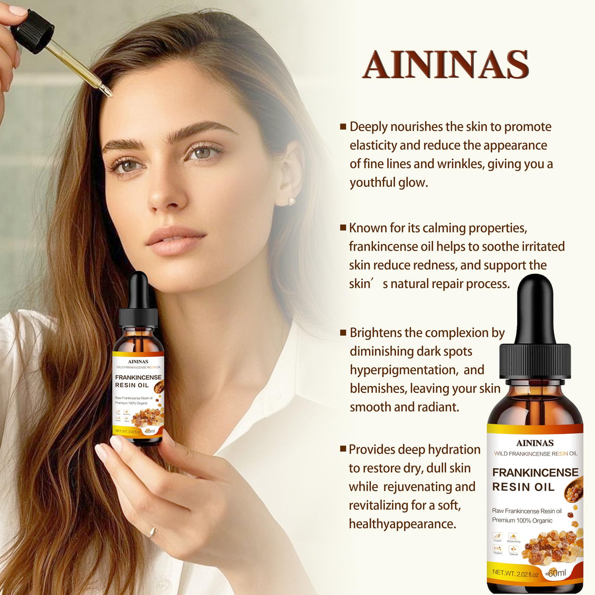 AININAS Frankincense Resin Oil bottle stands ready for daily skincare routines.