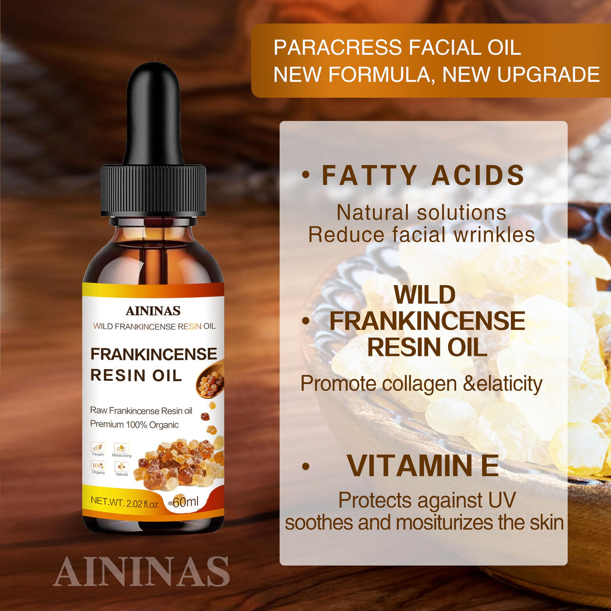 AININAS Frankincense Resin Oil applied to the face supports elasticity and smoothness.