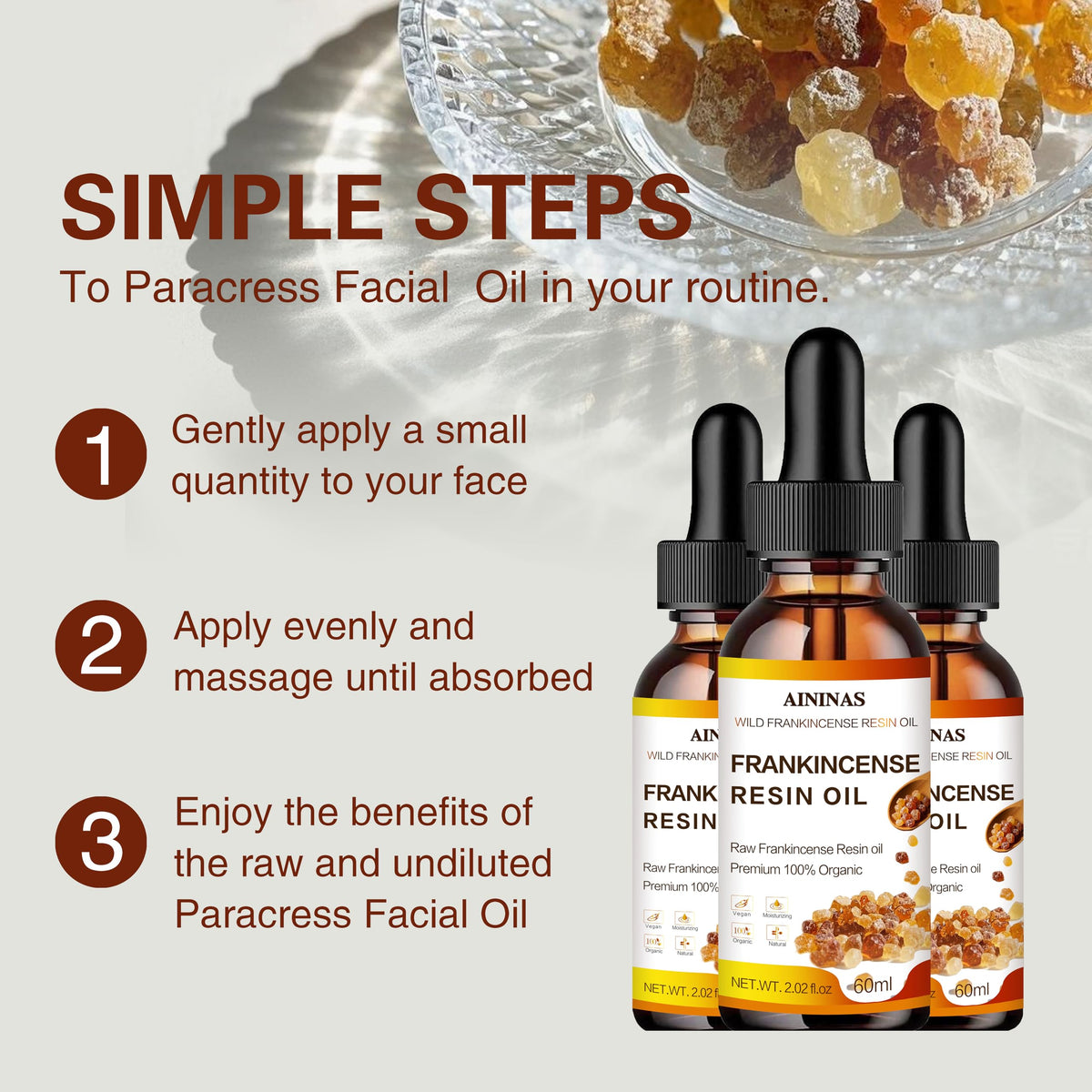 AININAS Frankincense Resin Oil texture close-up shows lightweight, fast-absorbing hydration.