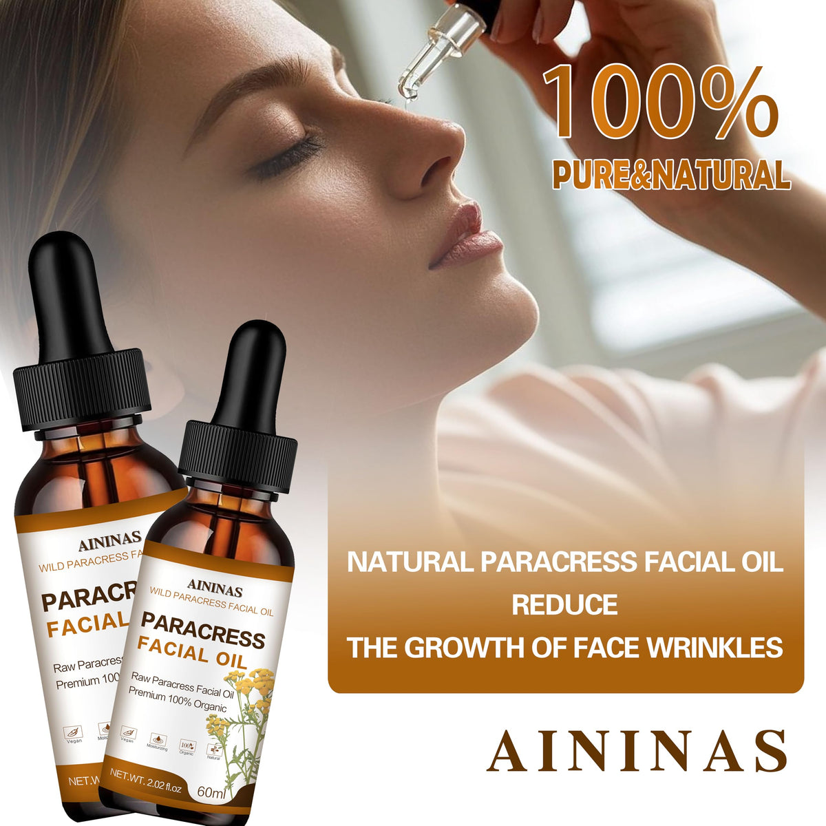 Generic AIninas Paracress Oil packaging closeup highlights clean organic formula.