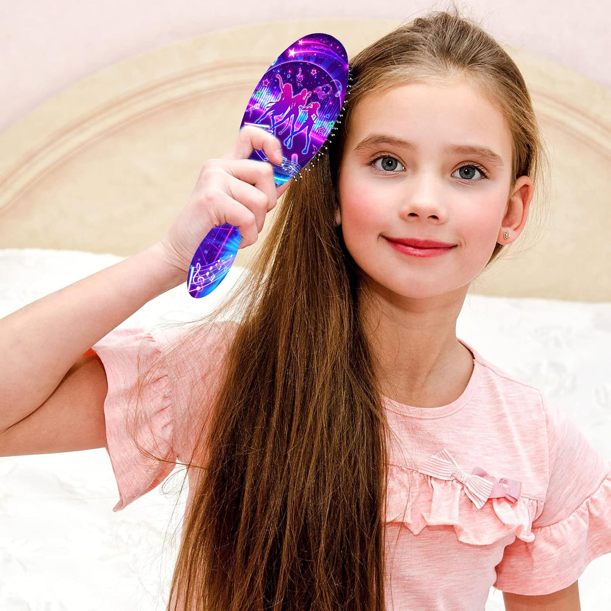 Generic anti-static detangler brush reduces flyaways for a smooth finish.