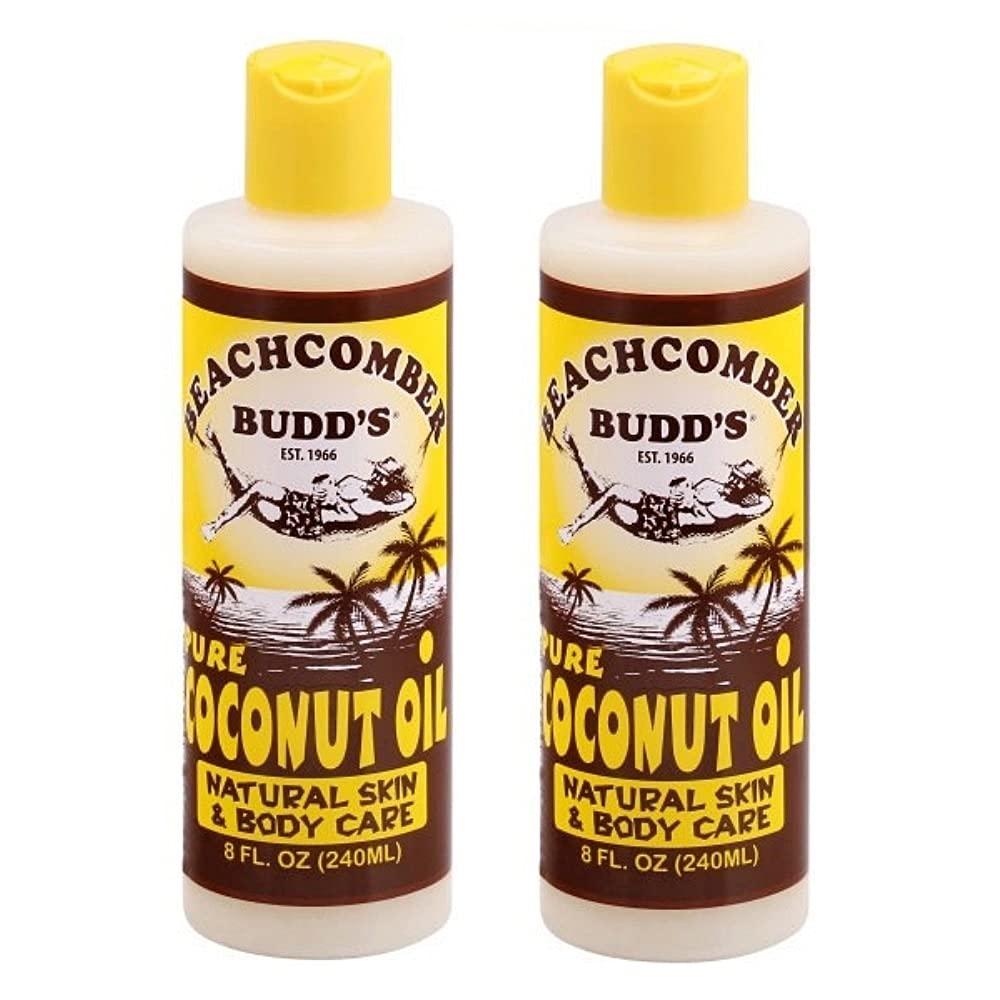 Beachcomber Budd's coconut oil 8 oz bottle for skin and hair care, moisturizing and smoothing.