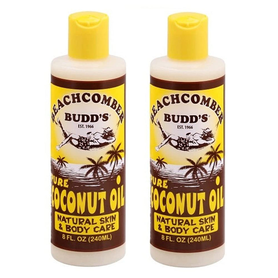 Beachcomber Budd's coconut oil 8 oz bottle for skin and hair care, moisturizing and smoothing.