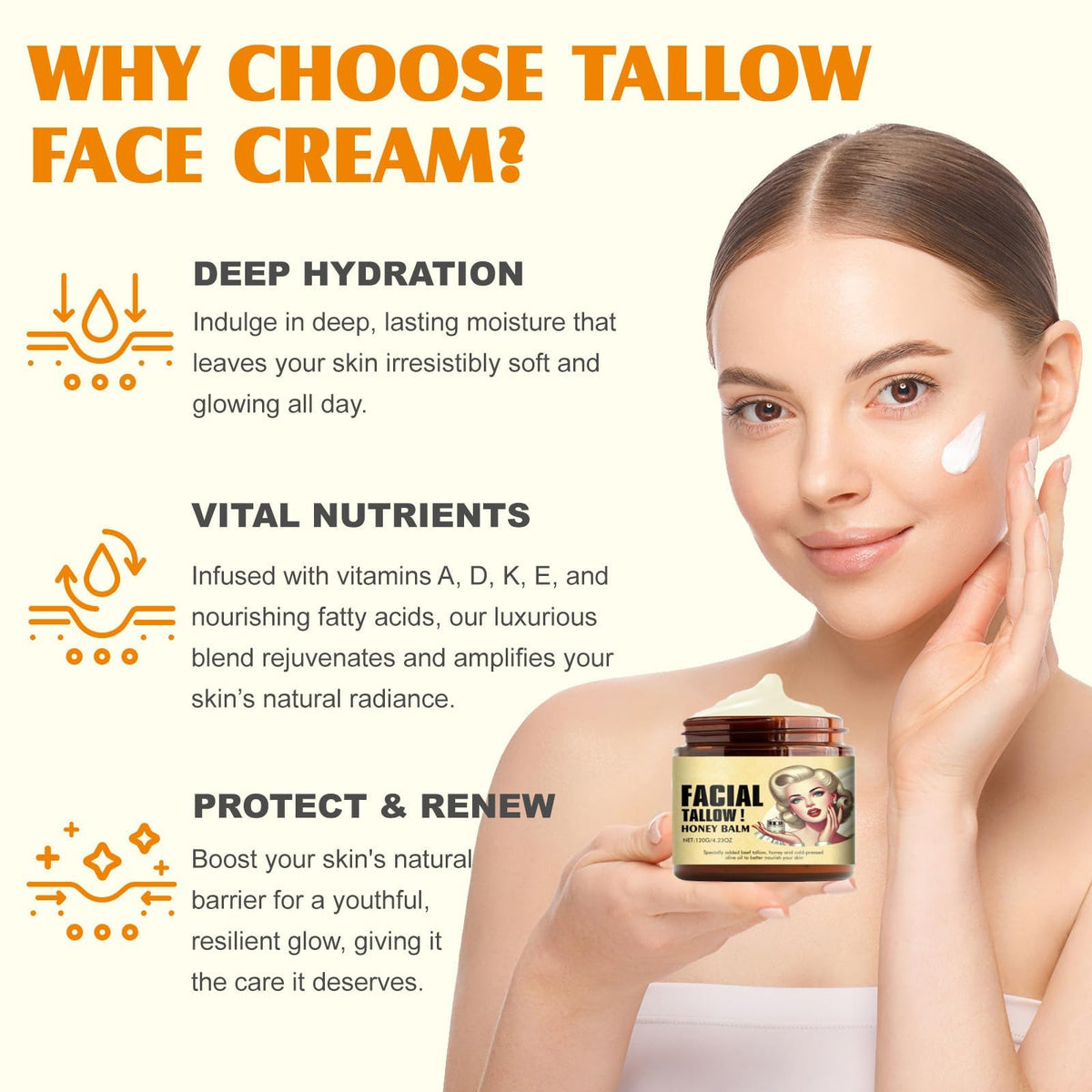 Generic Beef Tallow Facial Balm ingredient list emphasizes natural formulation and care.