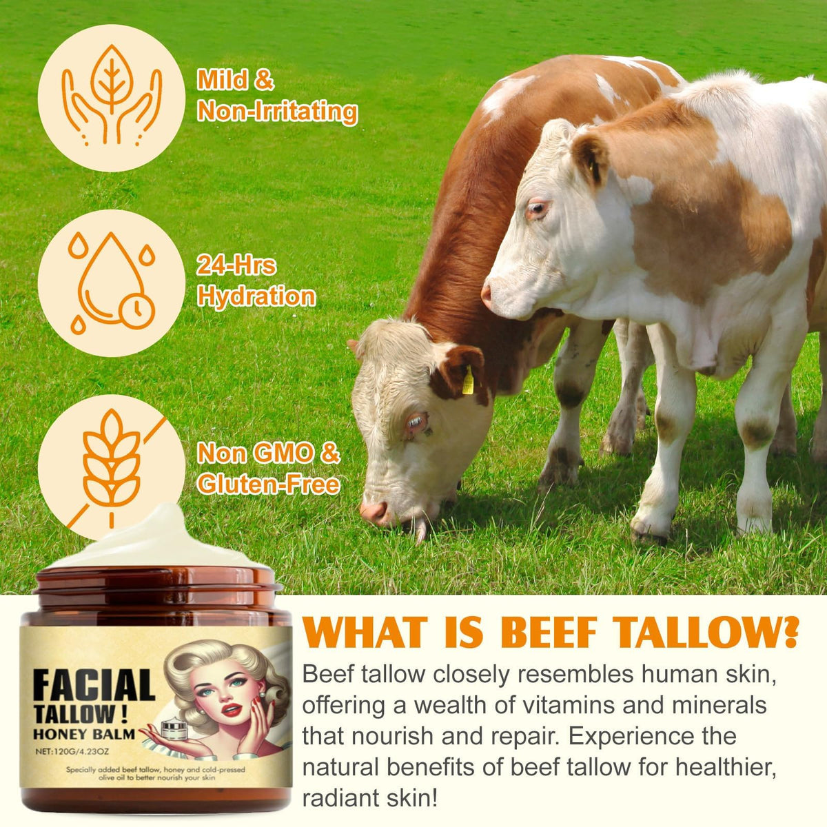 Generic Beef Tallow Facial Balm texture melting into skin for easy absorption.
