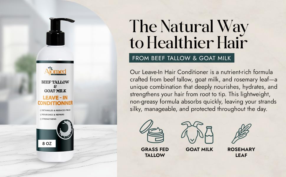 Generic beef tallow goat milk leave-in conditioner applying on hair for detangling