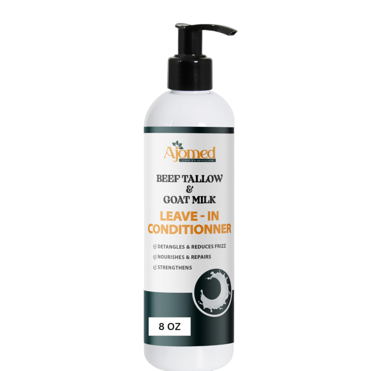 Generic beef tallow goat milk leave-in conditioner bottle closeup highlighting moisturizing formula