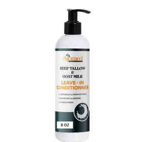 Generic beef tallow goat milk leave-in conditioner bottle closeup highlighting moisturizing formula