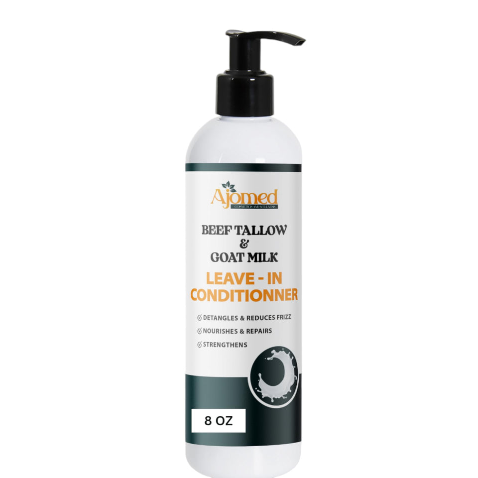 Generic beef tallow goat milk leave-in conditioner bottle closeup highlighting moisturizing formula