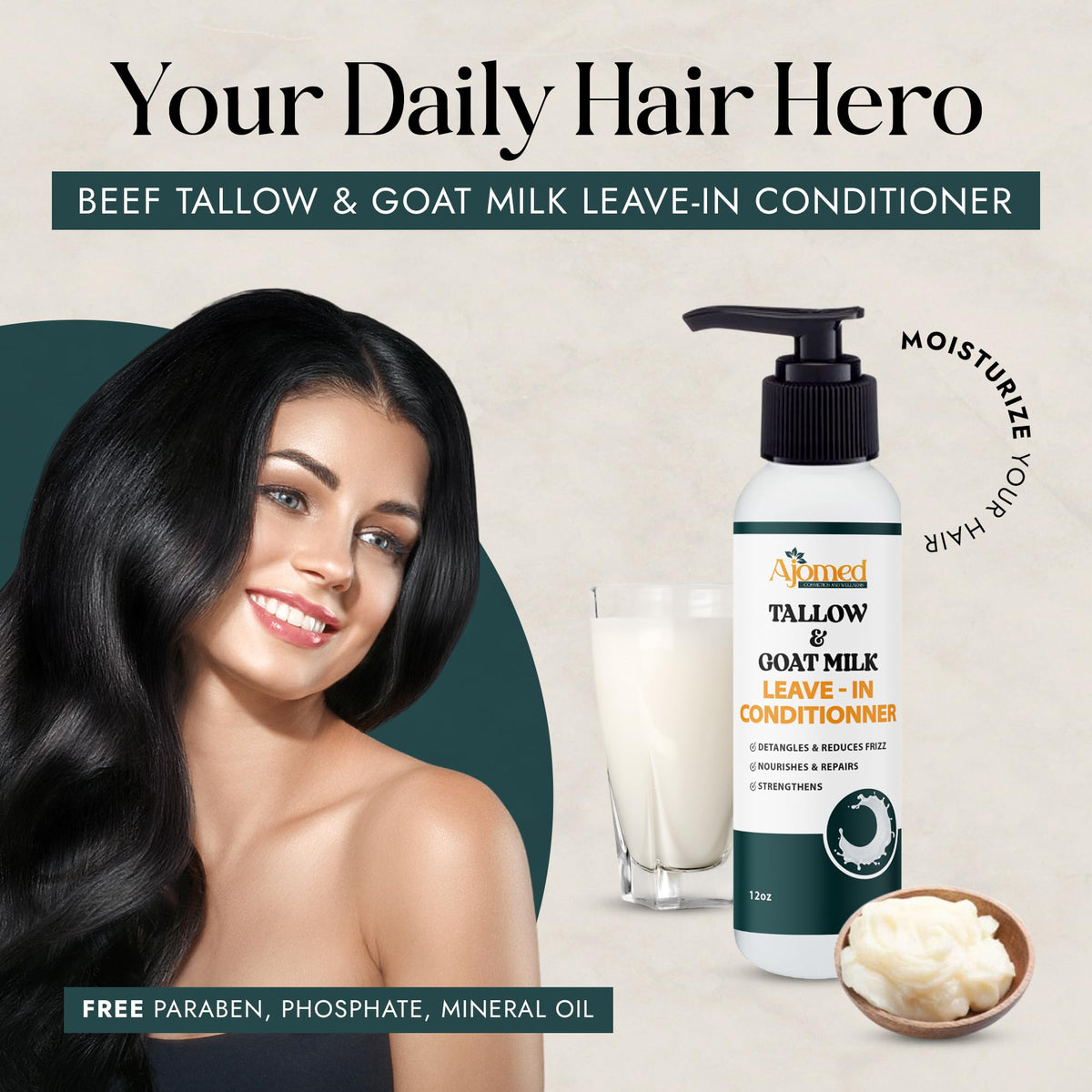 Generic beef tallow goat milk leave-in conditioner ingredients rosemary leaf close-up