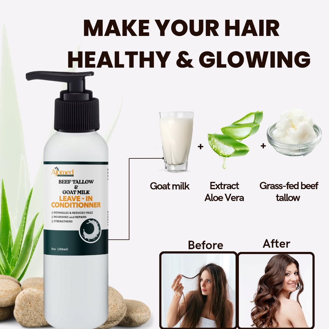 Generic beef tallow goat milk leave-in conditioner packaging display