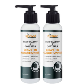 Generic beef tallow goat milk leave-in conditioner USA handmade bottle in hand