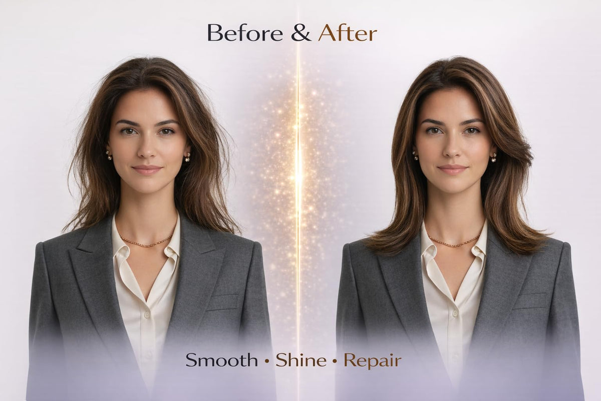 Hair after use shows glossy, lightweight finish.